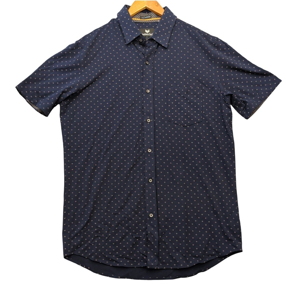 Buttercloth Icy Cotton Mens Blue Floral Button Up Shirt Short Sleeve Size L Tall